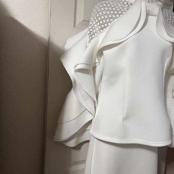 WHY White Avant Garde 2 PC Set Maxi Skirt SZ L Sculptural Ruffle Formal Theater - Picture 4 of 14